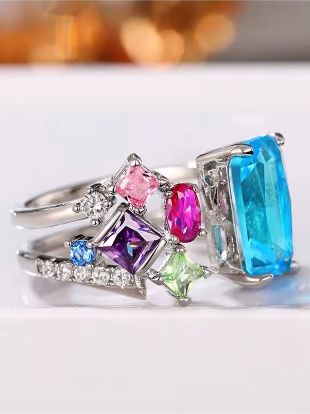 Multistone Silver Ring with Bright Blue Center and Colorful Accents. - Picture 6 of 8